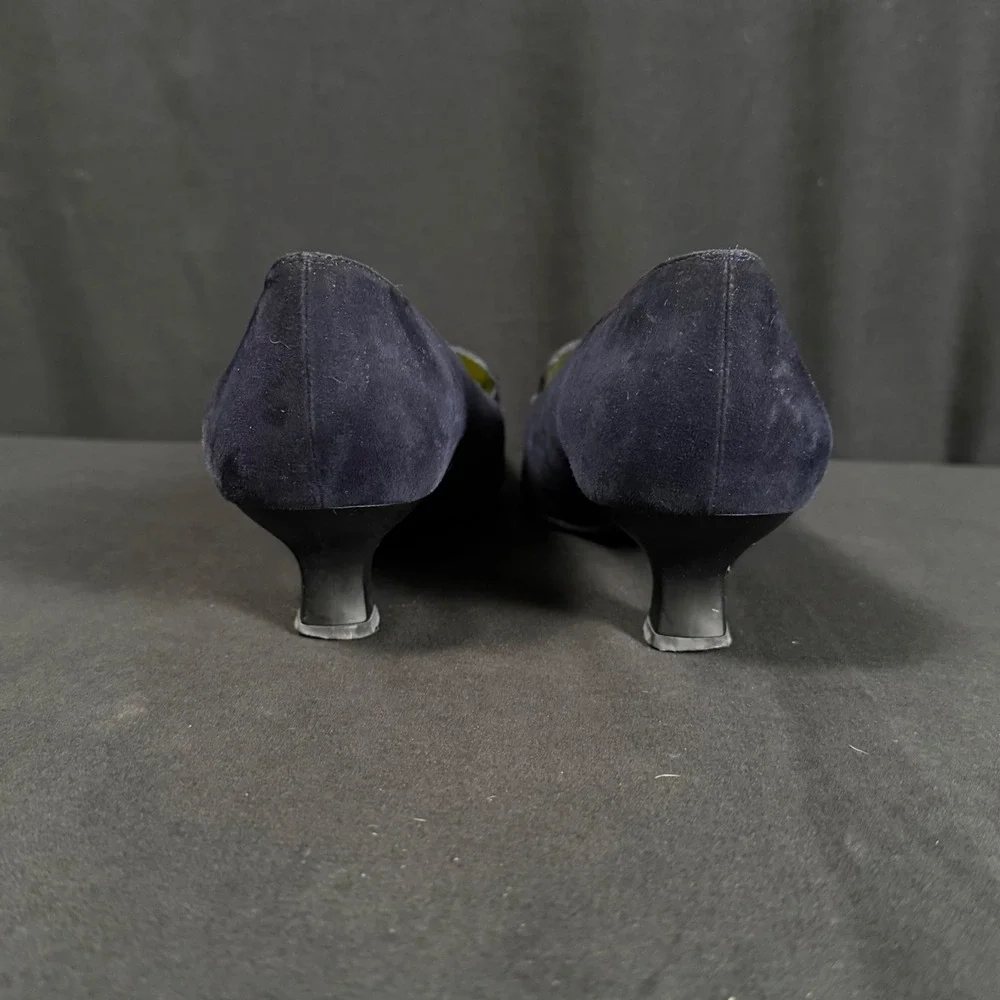 Vintage 90s Stuart Weitzman Navy Suede Square Toe Kitten Heel Loafer Pumps 8.5